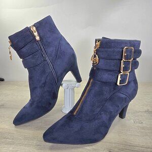 Victorian Ankle Booties Sz 6.5M Blue Faux Suede Pointy Toe Stiletto Buckle Zip
